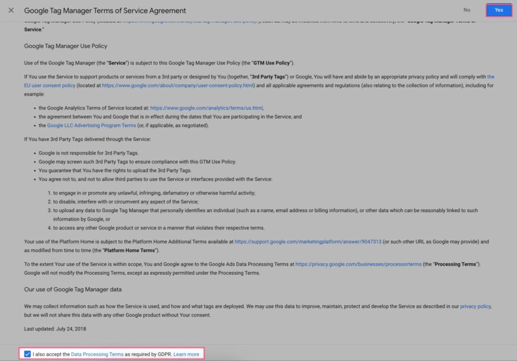 Agreeing to GPDR terms when creating a Google Tag Manager account