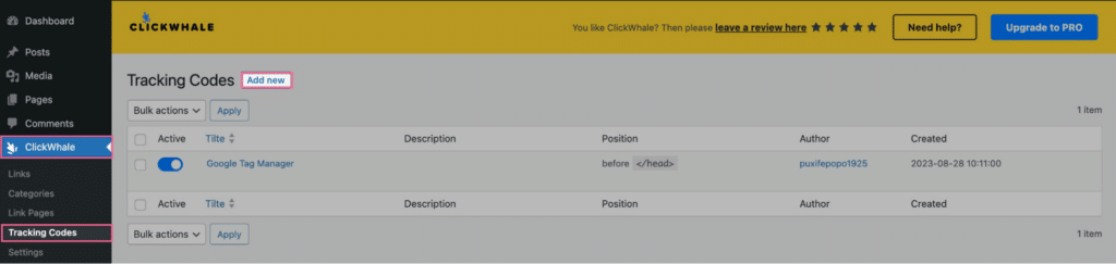 ClickWhale adding a new tracking code