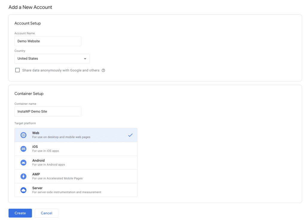 Google Tag Manager adding a new account
