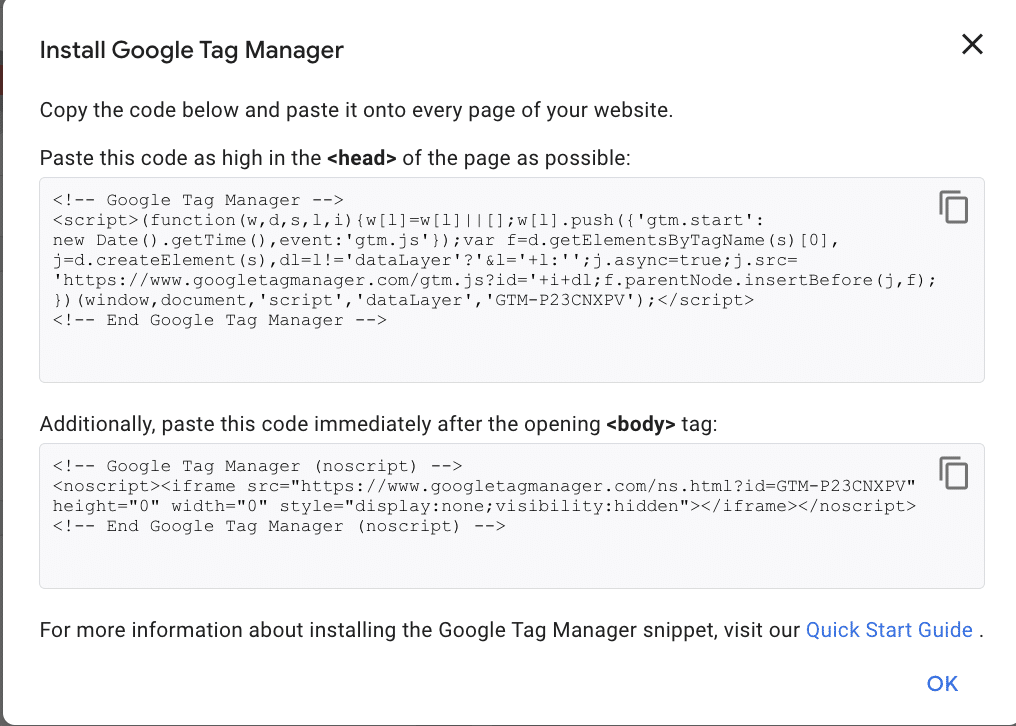 retrieving the code to install Google Tag Manager